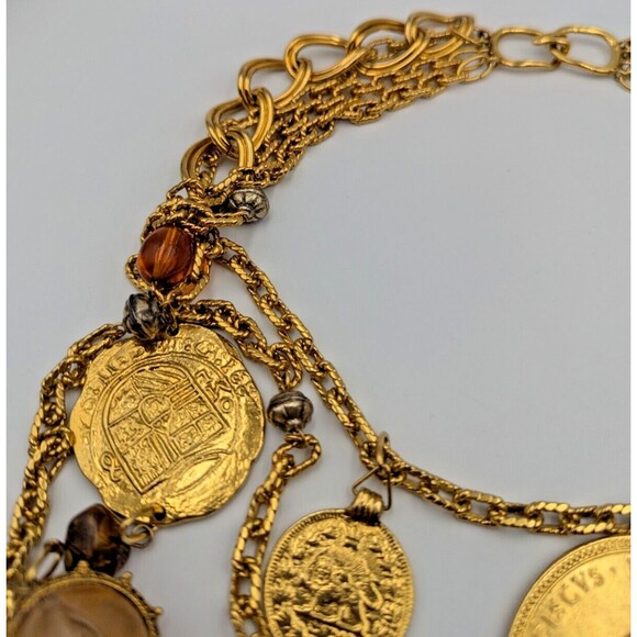 Vintage Les Bernard Gold Tone Multi Stand Coin Lucite Long Statement Necklace - Picture 14 of 16